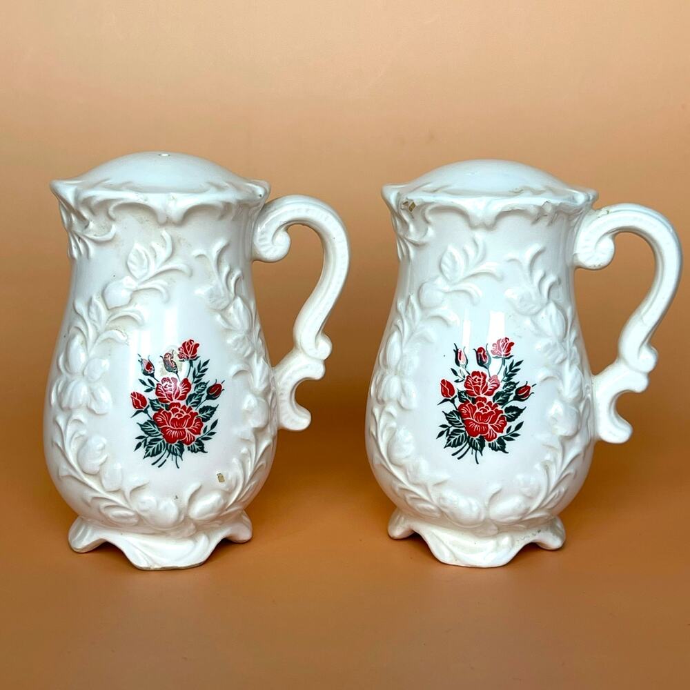 Vintage Enesco Ceramic Pitcher Salt & Pepper Shakers Red Rose Floral White